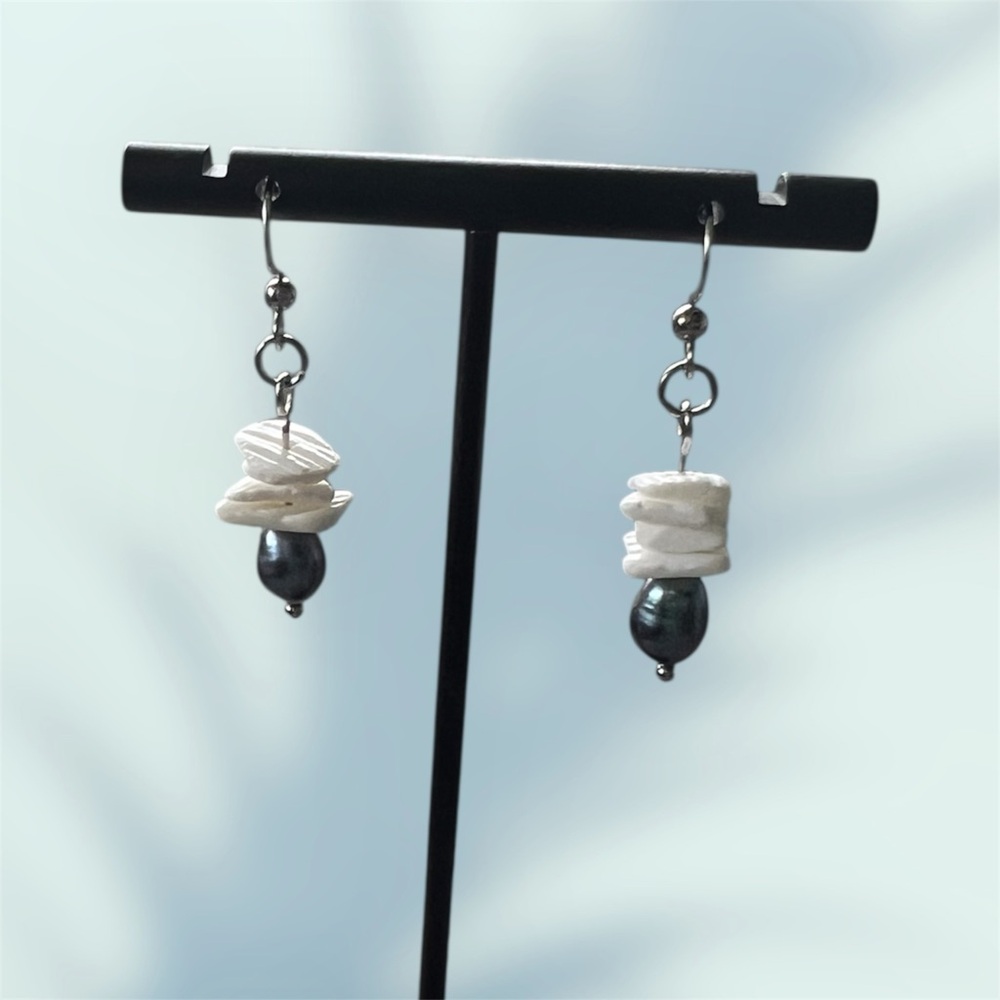 Elegant White Puka Shell and Black Keshi Pearl Earrings